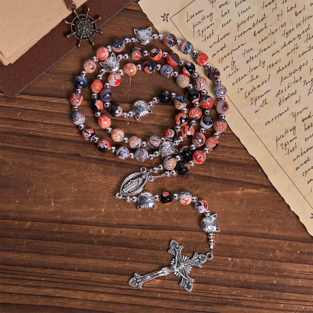 Christianartworkshop Unique Memorial Marbling Agate Beads with Calico Cat Pray Bracelet, Animal Rosary - image 6