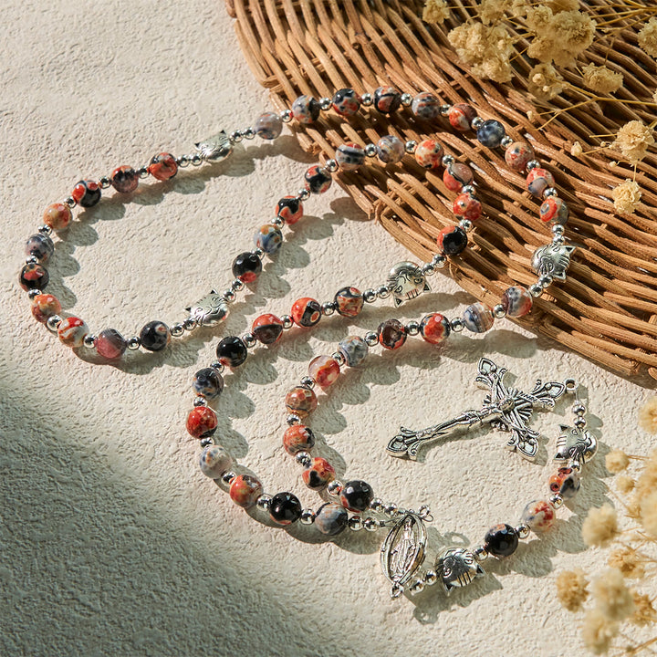 Christianartworkshop Unique Memorial Marbling Agate Beads with Calico Cat Pray Bracelet, Animal Rosary - image 3