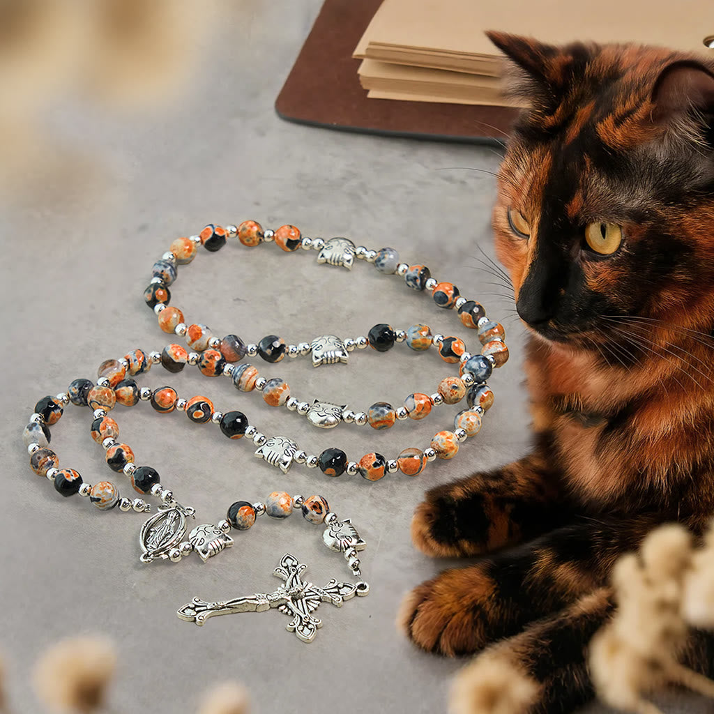 Christianartworkshop Unique Memorial Marbling Agate Beads with Calico Cat Pray Bracelet, Animal Rosary - Rosary - image 0
