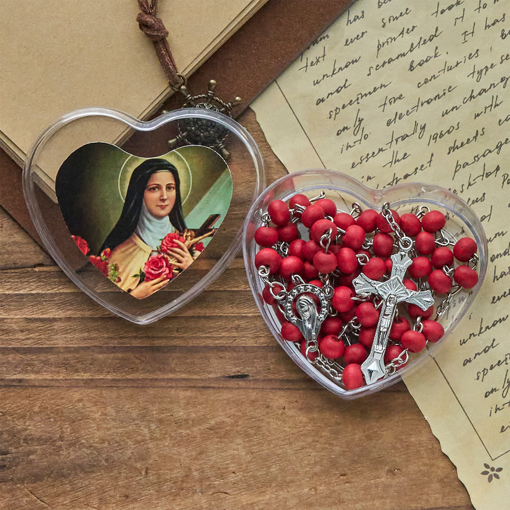 Christianartworkshop Wine Red Beads Rosary with Our Lady & Crucifix in St. Therese Heart-Shaped Box - image 1