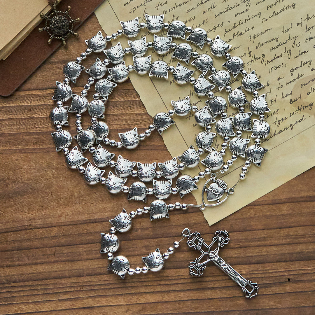 Christianartworkshop Devotion of Love Unique Tabby Cat Face Stainless Steel Animal Rosary - image 1