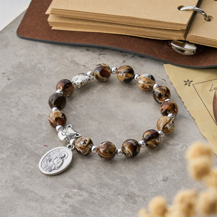 Christianartworkshop Memorial Brown Tabby Cat with Handmade Amber Beads Animal Rosary Bracelet  - image 3