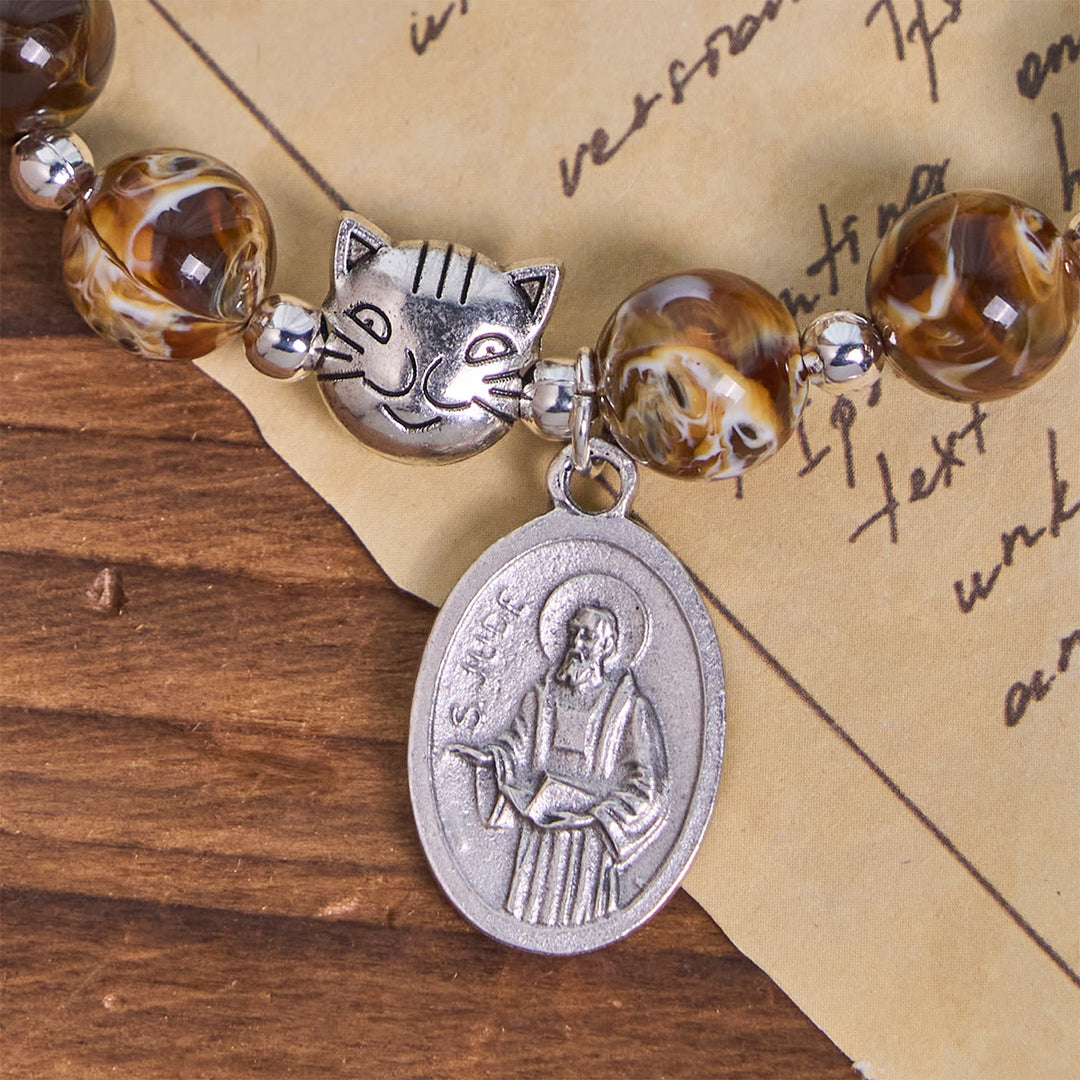 Christianartworkshop Memorial Brown Tabby Cat with Handmade Amber Beads Animal Rosary Bracelet  - image 5