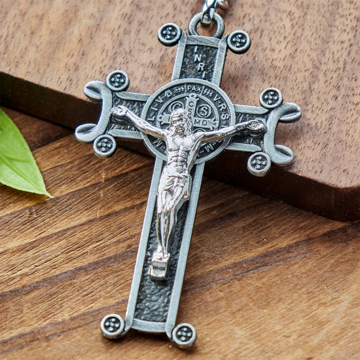 Christianartworkshop Antique Green & Antique Silver Crucifix with St. Benedict Keychain - image 3