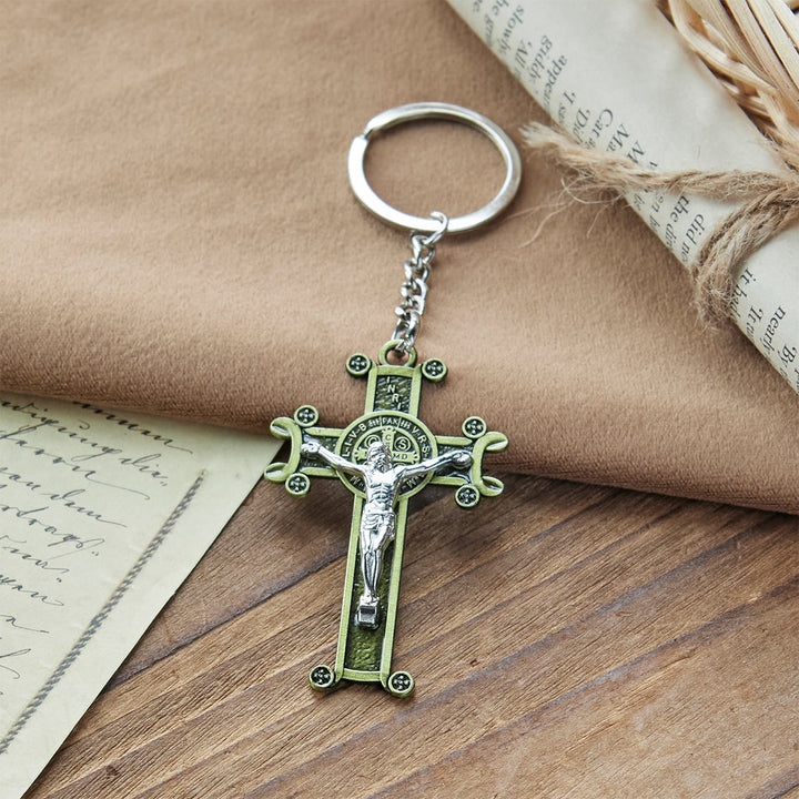 Christianartworkshop Antique Green & Antique Silver Crucifix with St. Benedict Keychain - image 6
