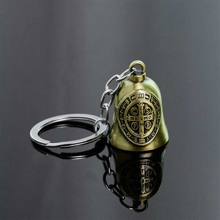 Christianartworkshop Two Color St. Benedict Guardian Bell Keychain: Faith Shield Key Ring - Bronze - image 1