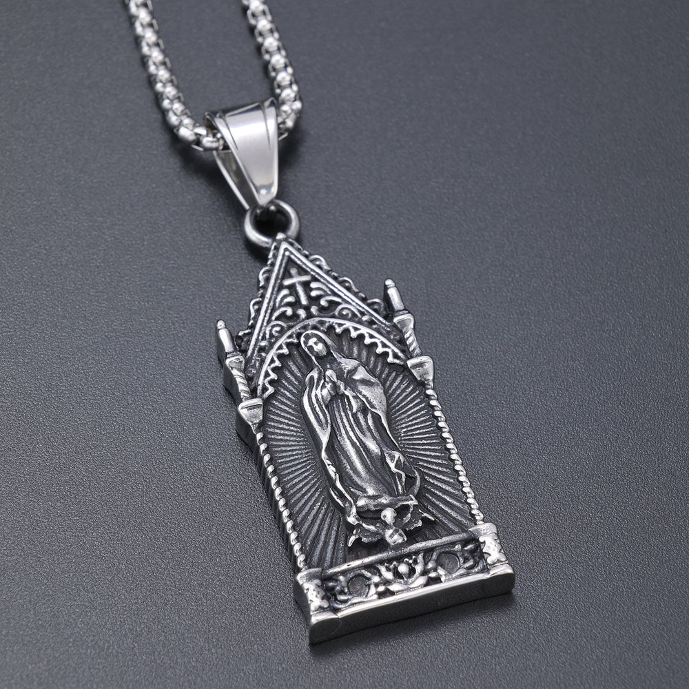 Christianartworkshop Antique Silver Virgin Mary Necklace in Gothic Cathedral Frame - image 1