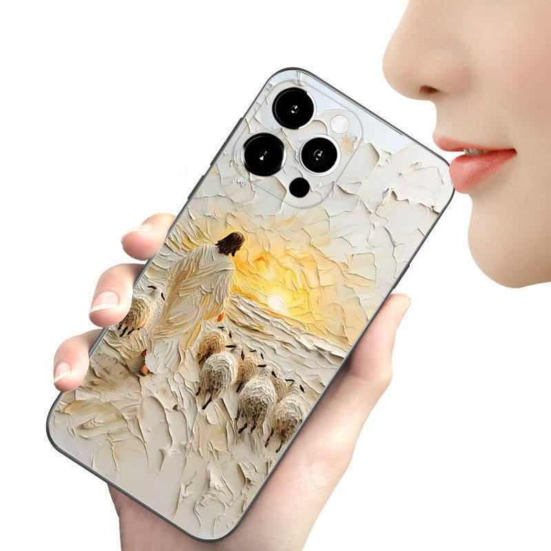 Christianartworkshop Jesus the Good Shepherd with Flock in Sunset Glow Phone Case - image 5