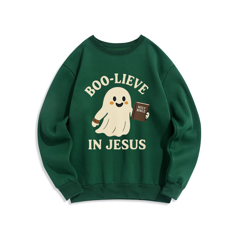 Christianartworkshop Boo-Lieve in Jesus Faith Over Fear Fleece Lined Polyester Sweatshirt - Green - 2XL - image 5