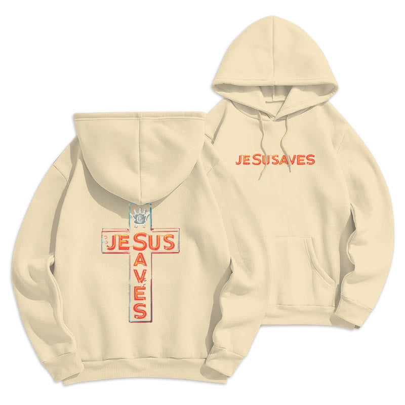 Christianartworkshop Jesus Saves Cross Graphic Faith Statement Fleece Lined Polyester Hoodie - Beige - 2XL - image 7