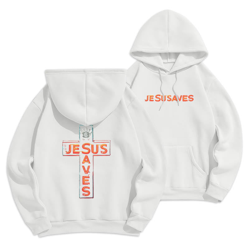 Christianartworkshop Jesus Saves Cross Graphic Faith Statement Fleece Lined Polyester Hoodie - White - 2XL - image 1