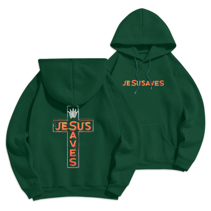 Christianartworkshop Jesus Saves Cross Graphic Faith Statement Fleece Lined Polyester Hoodie - Green - 2XL - image 3
