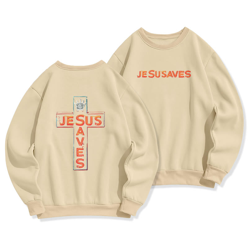 Christianartworkshop Jesus Saves Cross Graphic Faith Statement Fleece Lined Polyester Sweatshirt - Beige - 2XL - image 3