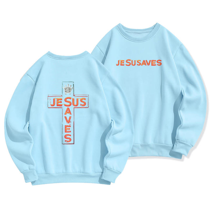 Christianartworkshop Jesus Saves Cross Graphic Faith Statement Fleece Lined Polyester Sweatshirt - Blue - 2XL - image 3