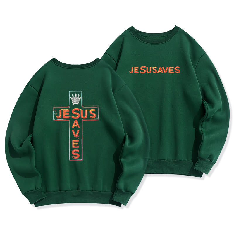 Christianartworkshop Jesus Saves Cross Graphic Faith Statement Fleece Lined Polyester Sweatshirt - Green - 2XL - image 6
