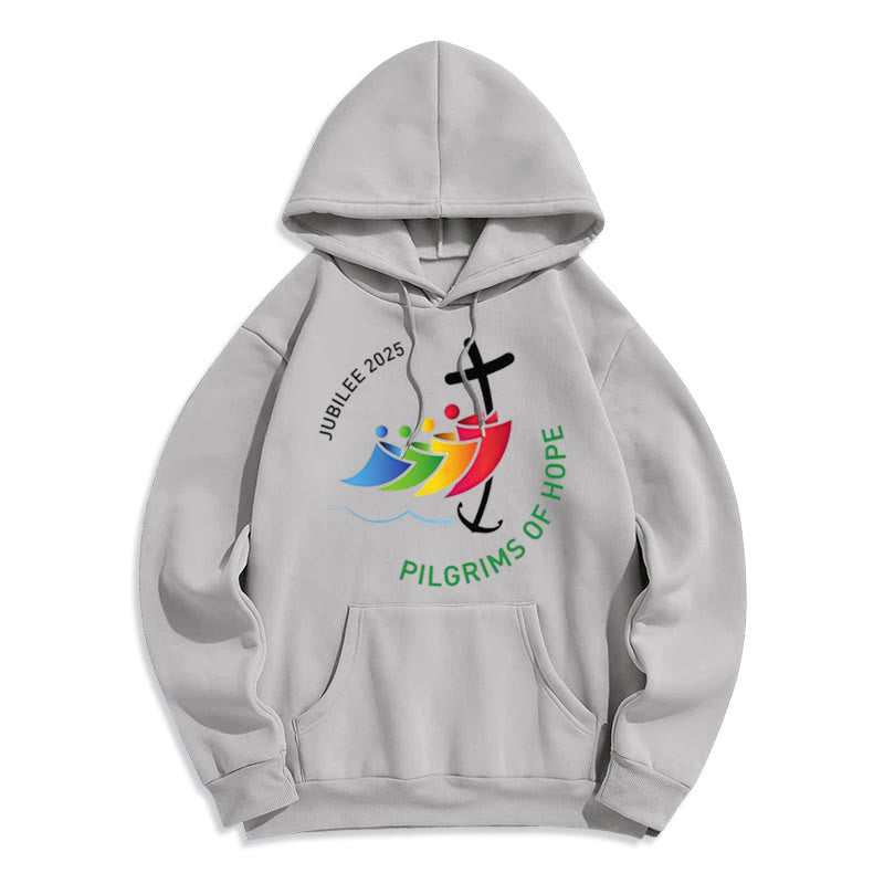 Christianartworkshop Colored Style Pilgrims of Hope Jubilee Fleece Lined Polyester Hoodie - Grey - 2XL - image 4