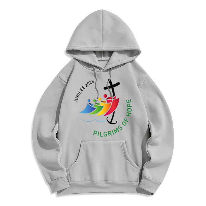 Christianartworkshop Colored Style Pilgrims of Hope Jubilee Fleece Lined Polyester Hoodie - Grey - 2XL - image 4