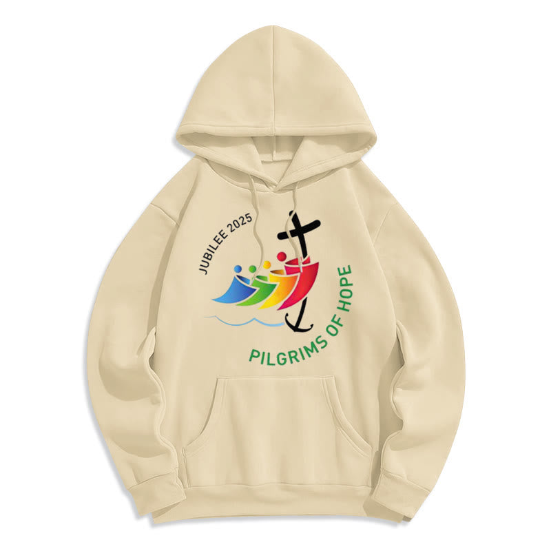 Christianartworkshop Colored Style Pilgrims of Hope Jubilee Fleece Lined Polyester Hoodie - Beige - 2XL - image 2