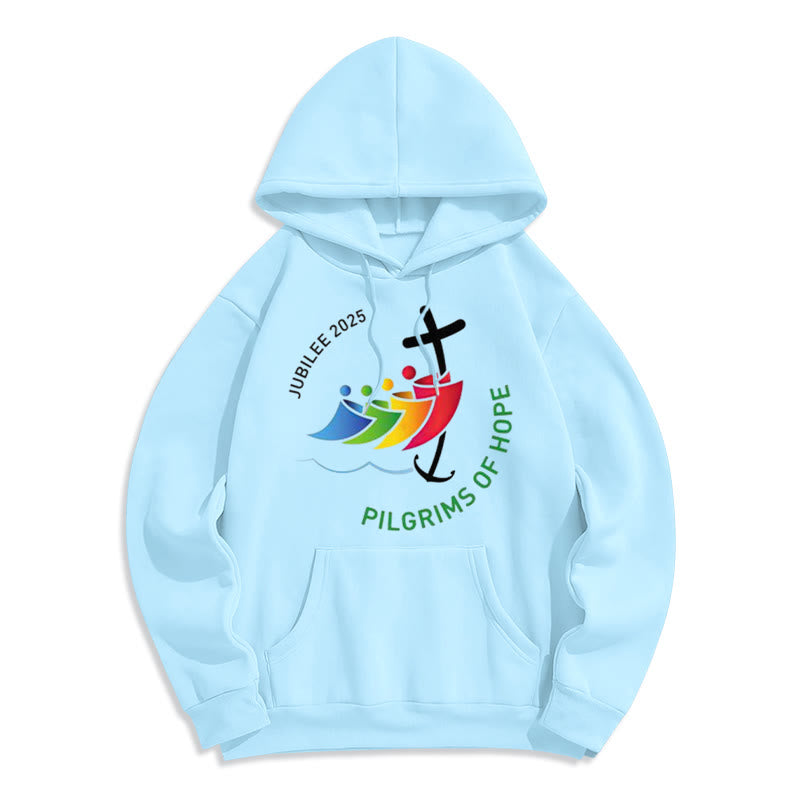 Christianartworkshop Colored Style Pilgrims of Hope Jubilee Fleece Lined Polyester Hoodie - Blue - 2XL - image 3