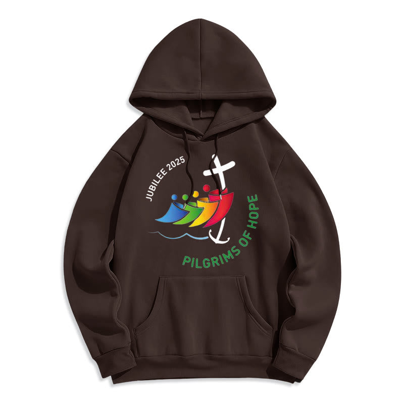 Christianartworkshop Colored Style Pilgrims of Hope Jubilee Fleece Lined Polyester Hoodie - Brown - 2XL - image 7