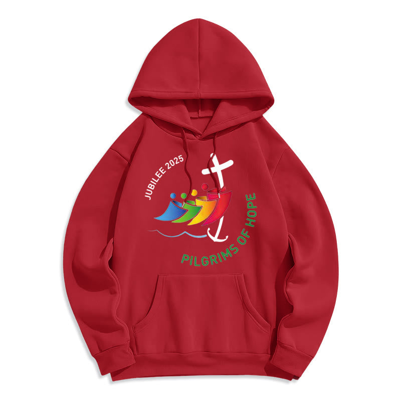 Christianartworkshop Colored Style Pilgrims of Hope Jubilee Fleece Lined Polyester Hoodie - Red - 2XL - image 6