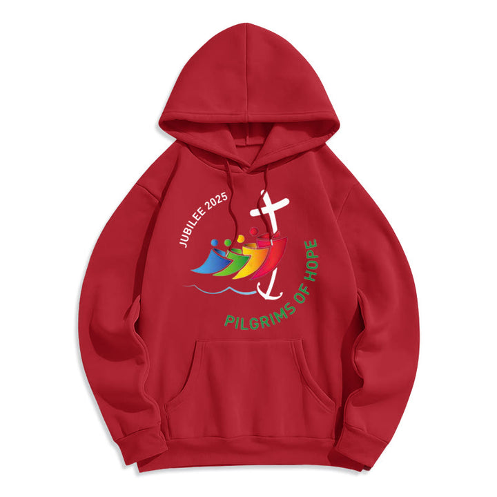 Christianartworkshop Colored Style Pilgrims of Hope Jubilee Fleece Lined Polyester Hoodie - Red - 2XL - image 6