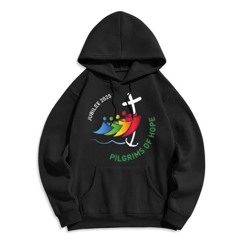 Christianartworkshop Colored Style Pilgrims of Hope Jubilee Fleece Lined Polyester Hoodie - Black - 2XL - image 5