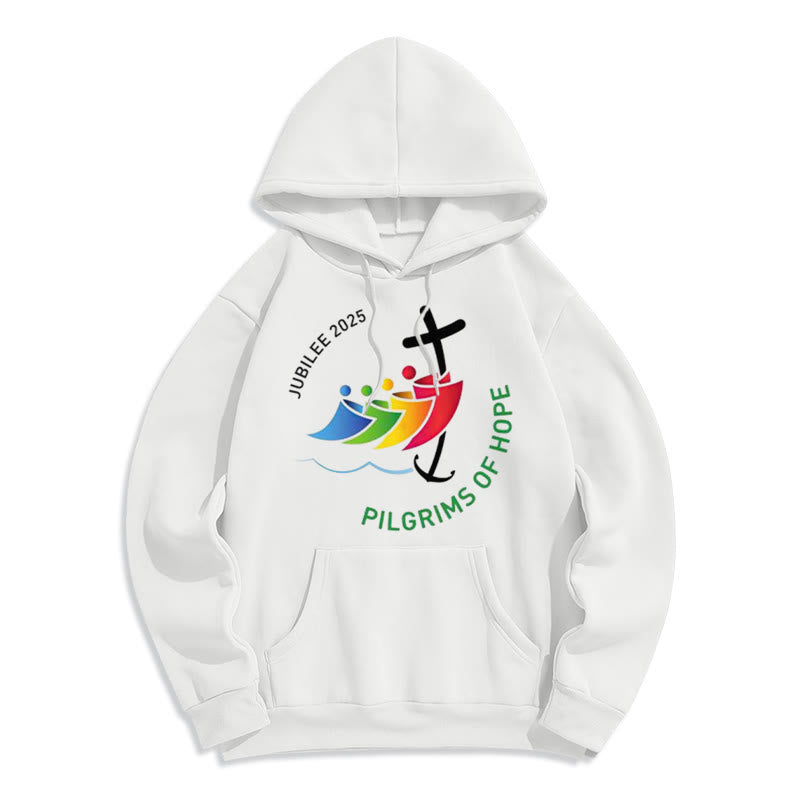 Christianartworkshop Colored Style Pilgrims of Hope Jubilee Fleece Lined Polyester Hoodie - White - 2XL - image 0