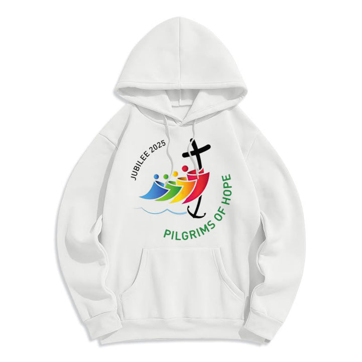 Christianartworkshop Colored Style Pilgrims of Hope Jubilee Fleece Lined Polyester Hoodie - White - 2XL - image 0