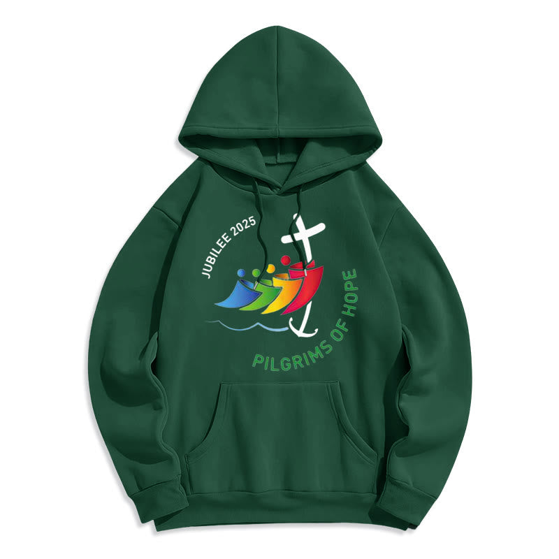 Christianartworkshop Colored Style Pilgrims of Hope Jubilee Fleece Lined Polyester Hoodie - Green - 2XL - image 8