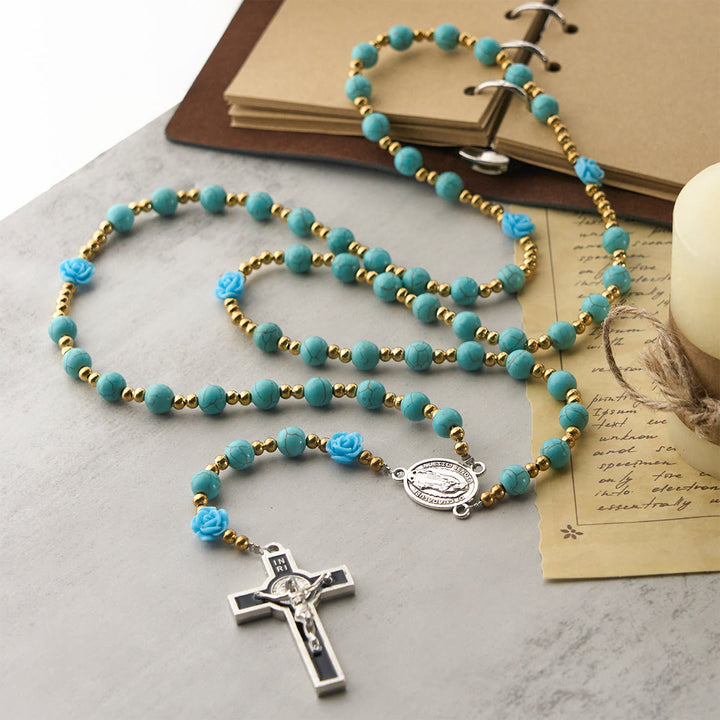Christianartworkshop Elegant Red & Blue Rose Rosary with Turquoise Beads: Blessed by Our Lady and St. Benedict - image 13