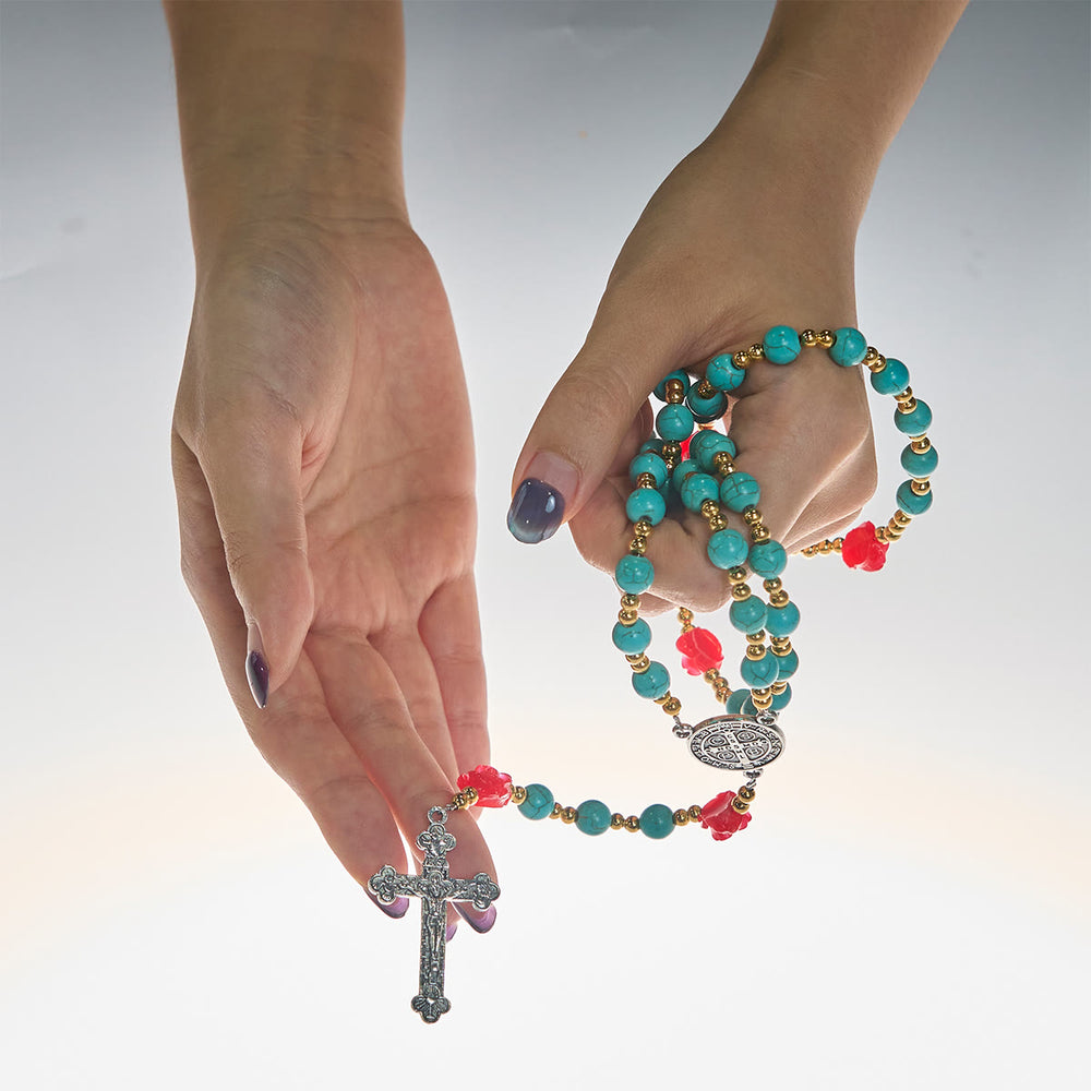 Christianartworkshop Elegant Red & Blue Rose Rosary with Turquoise Beads: Blessed by Our Lady and St. Benedict - image 1
