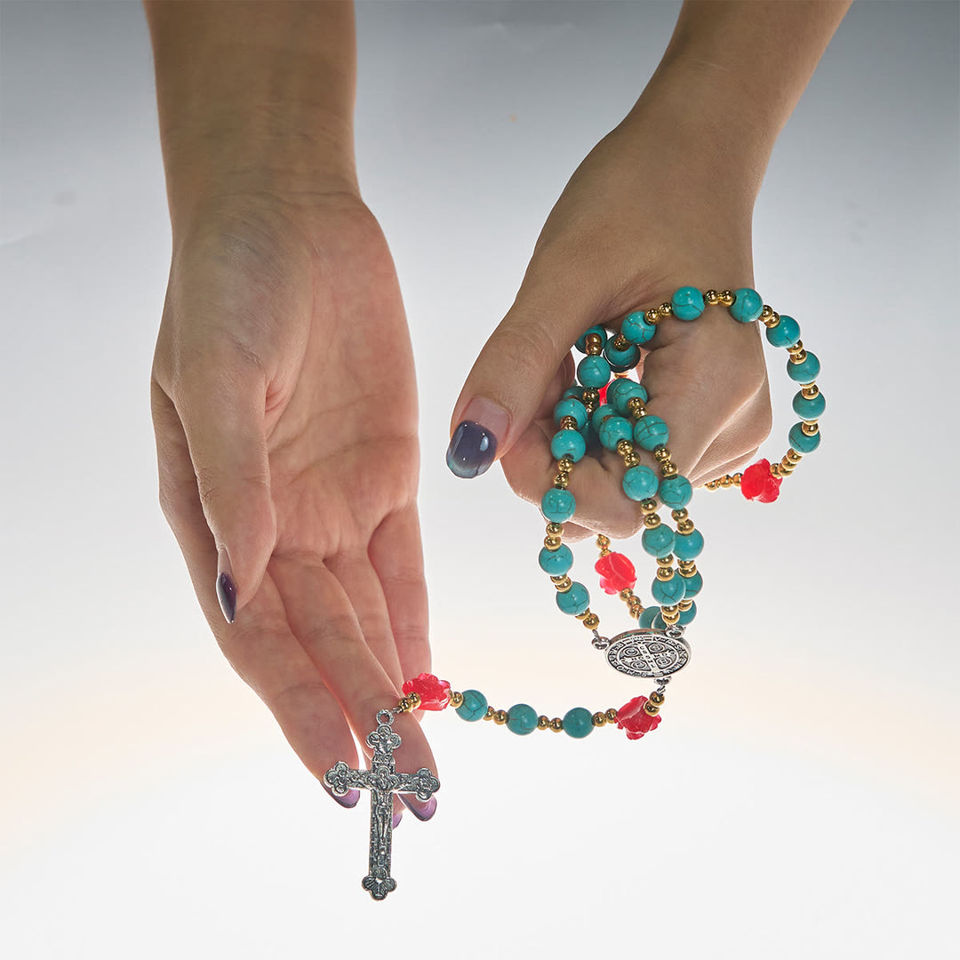 Christianartworkshop Elegant Red & Blue Rose Rosary with Turquoise Beads: Blessed by Our Lady and St. Benedict - image 1