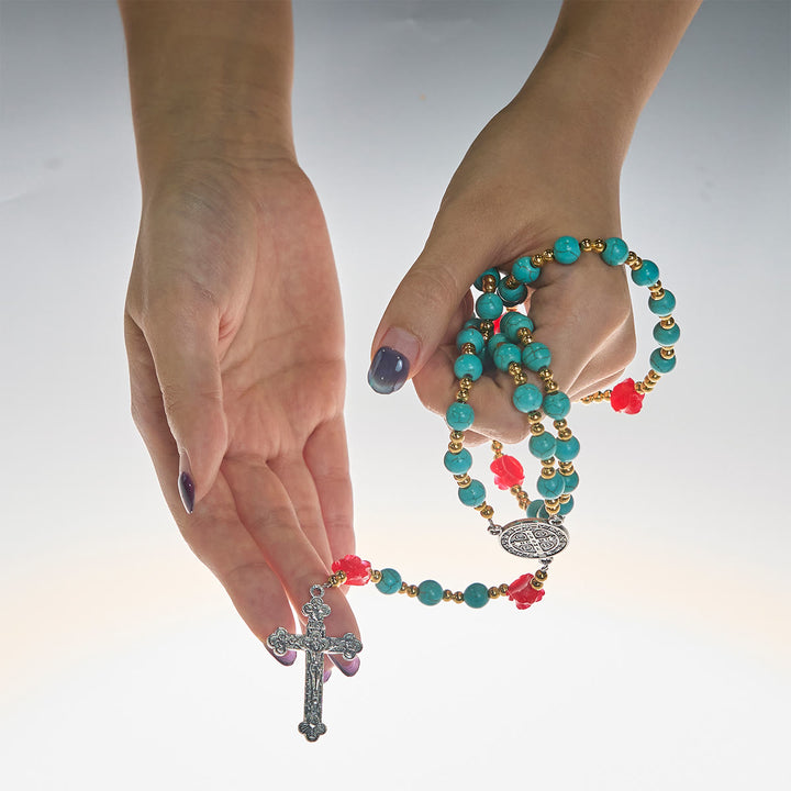 Christianartworkshop Elegant Red & Blue Rose Rosary with Turquoise Beads: Blessed by Our Lady and St. Benedict - image 1