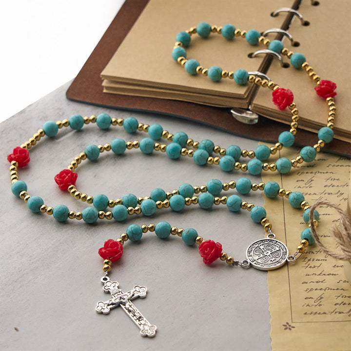 Christianartworkshop Elegant Red & Blue Rose Rosary with Turquoise Beads: Blessed by Our Lady and St. Benedict - image 4
