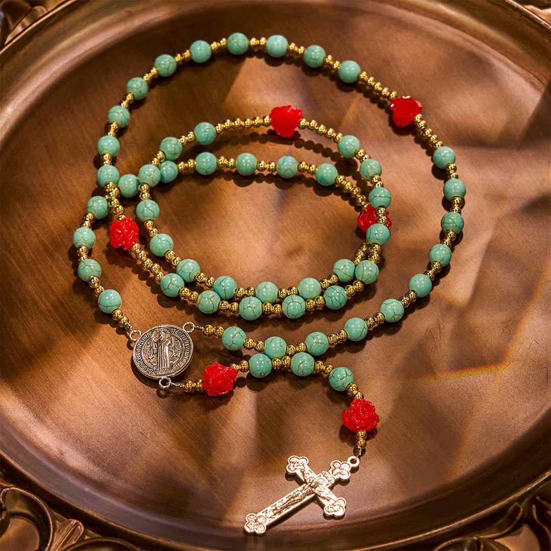 Christianartworkshop Elegant Red & Blue Rose Rosary with Turquoise Beads: Blessed by Our Lady and St. Benedict - image 6