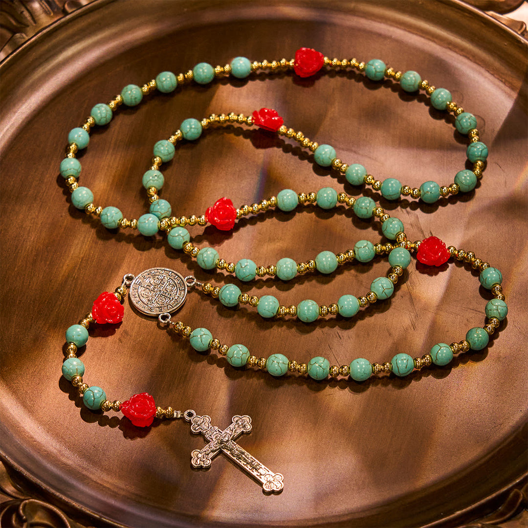 Christianartworkshop Elegant Red & Blue Rose Rosary with Turquoise Beads: Blessed by Our Lady and St. Benedict - image 5