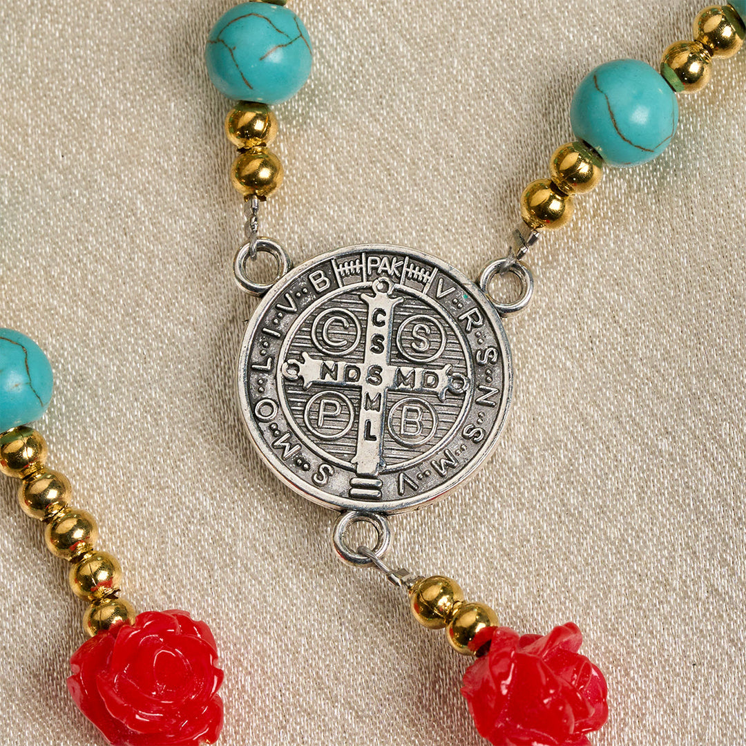 Christianartworkshop Elegant Red & Blue Rose Rosary with Turquoise Beads: Blessed by Our Lady and St. Benedict - image 7
