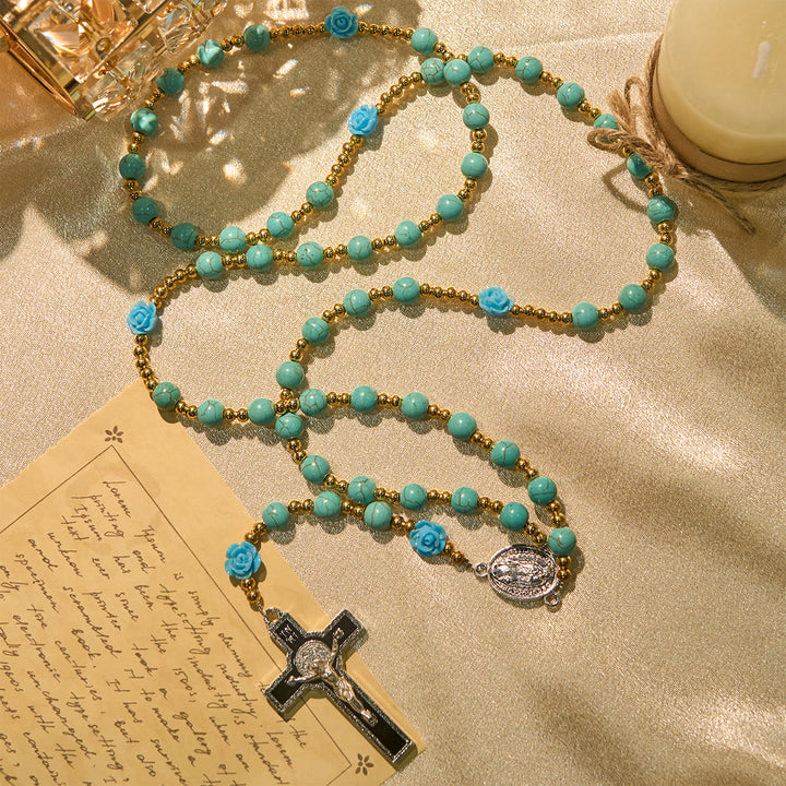 Christianartworkshop Elegant Red & Blue Rose Rosary with Turquoise Beads: Blessed by Our Lady and St. Benedict - image 12