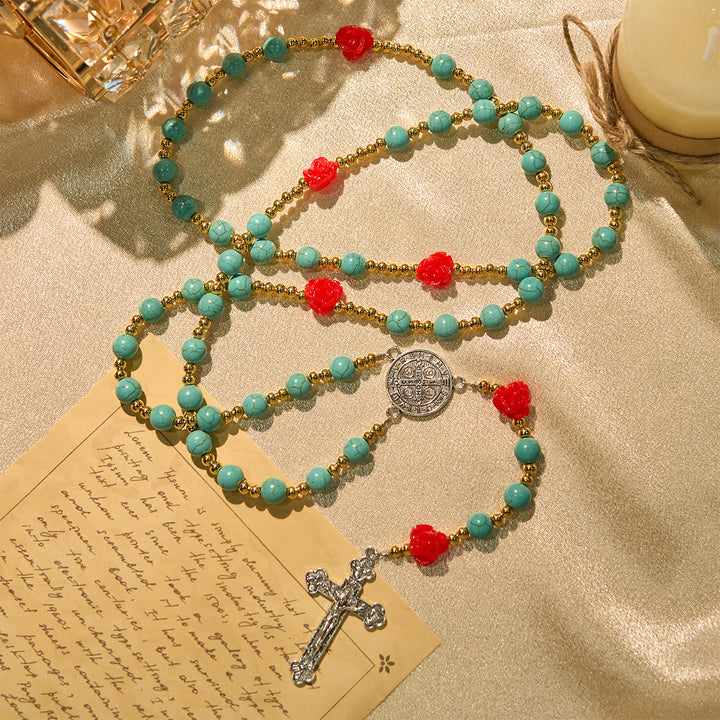 Christianartworkshop Elegant Red & Blue Rose Rosary with Turquoise Beads: Blessed by Our Lady and St. Benedict - image 2
