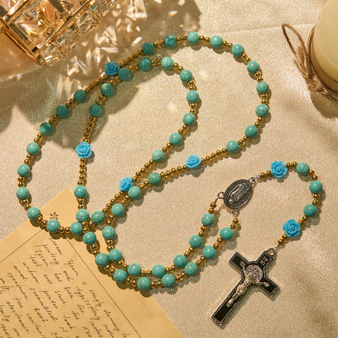 Christianartworkshop Elegant Red & Blue Rose Rosary with Turquoise Beads: Blessed by Our Lady and St. Benedict - Blue Rose - image 10