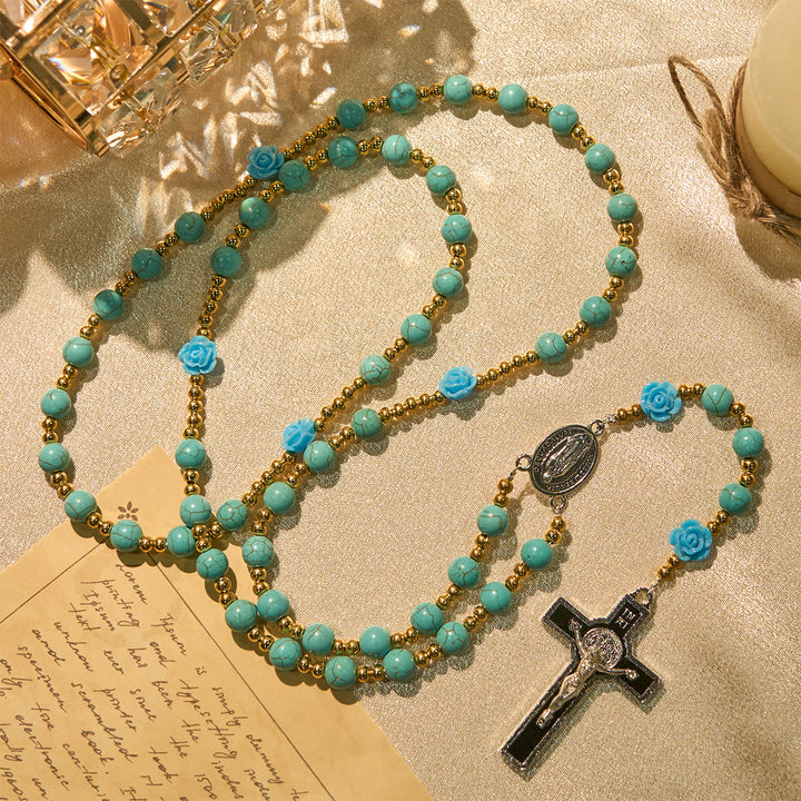 Christianartworkshop Elegant Red & Blue Rose Rosary with Turquoise Beads: Blessed by Our Lady and St. Benedict - Blue Rose - image 10