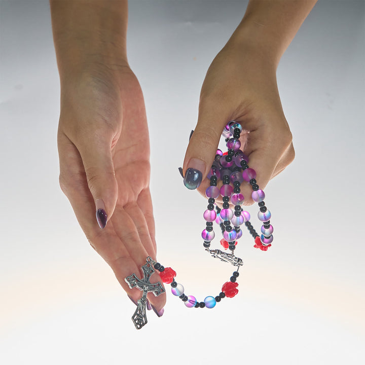 Christianartworkshop Mystical Frosted Purple-Blue Beads Rosary with Red Roses & Miraculous Medal Blessing - image 1