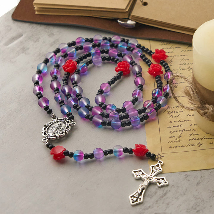 Christianartworkshop Mystical Frosted Purple-Blue Beads Rosary with Red Roses & Miraculous Medal Blessing - image 3