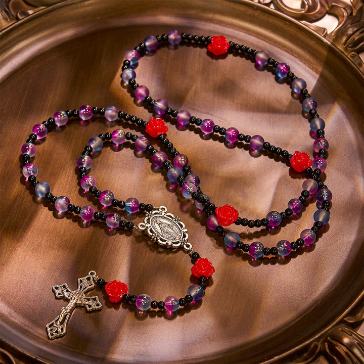 Christianartworkshop Mystical Frosted Purple-Blue Beads Rosary with Red Roses & Miraculous Medal Blessing - image 6