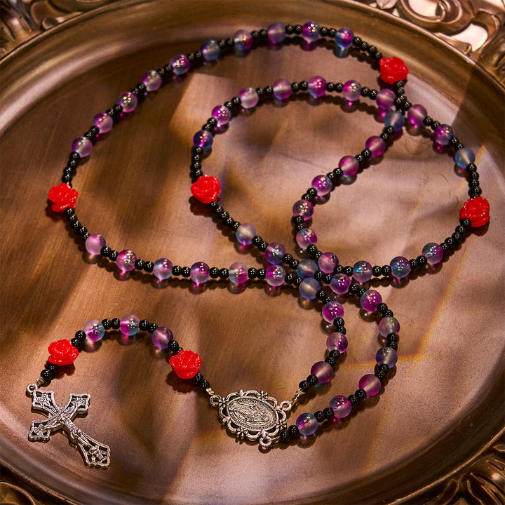 Christianartworkshop Mystical Frosted Purple-Blue Beads Rosary with Red Roses & Miraculous Medal Blessing - image 5