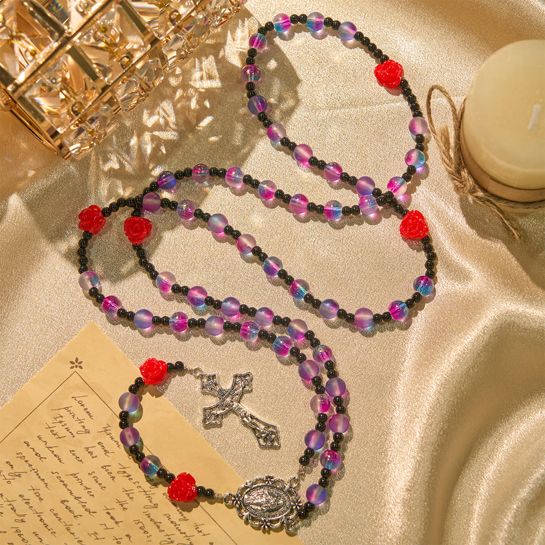 Christianartworkshop Mystical Frosted Purple-Blue Beads Rosary with Red Roses & Miraculous Medal Blessing - Purple - image 0