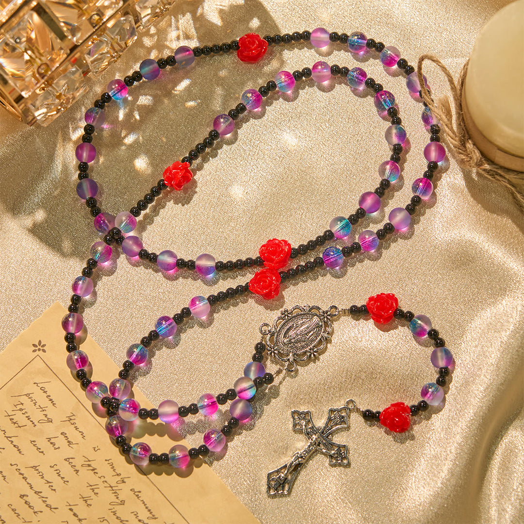 Christianartworkshop Mystical Frosted Purple-Blue Beads Rosary with Red Roses & Miraculous Medal Blessing - image 2