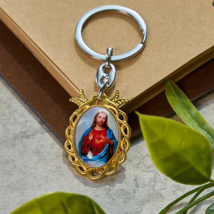 Christianartworkshop Faithful Sacred Heart of Jesus Keychain: Golden Frame Dove and Timeless Grace - image 3