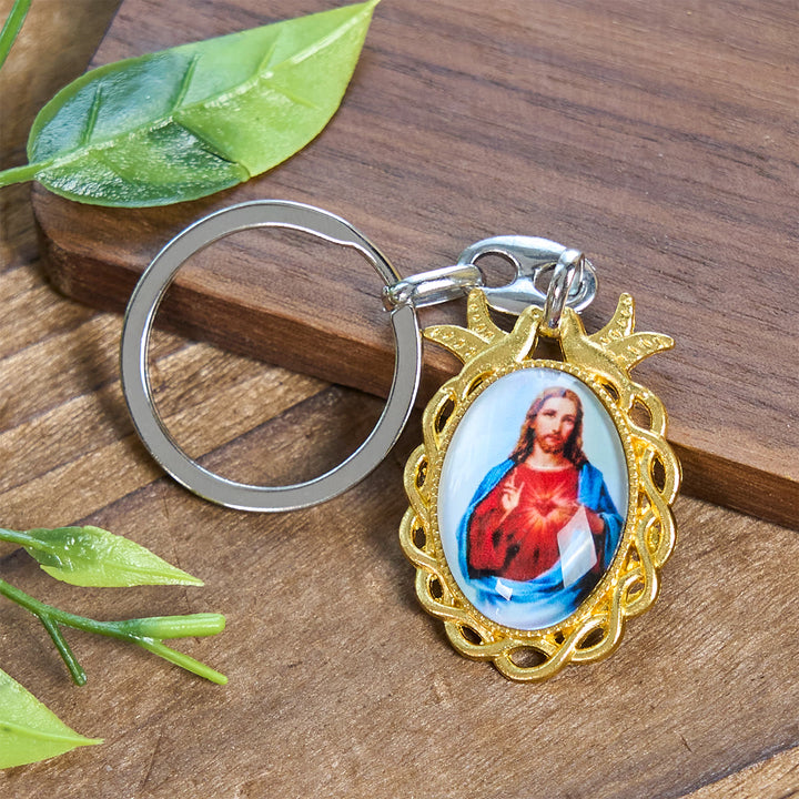 Christianartworkshop Faithful Sacred Heart of Jesus Keychain: Golden Frame Dove and Timeless Grace - Jesus Icon - image 0